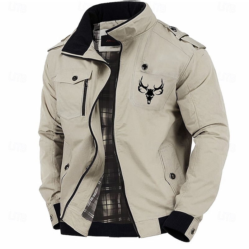 Graphic Animal Deer Men's Standing Collar Jacket Zip Up Combat Bomber Jacket Tactical Cargo Outwear Cotton Comfy Breathable Coat With Pockets