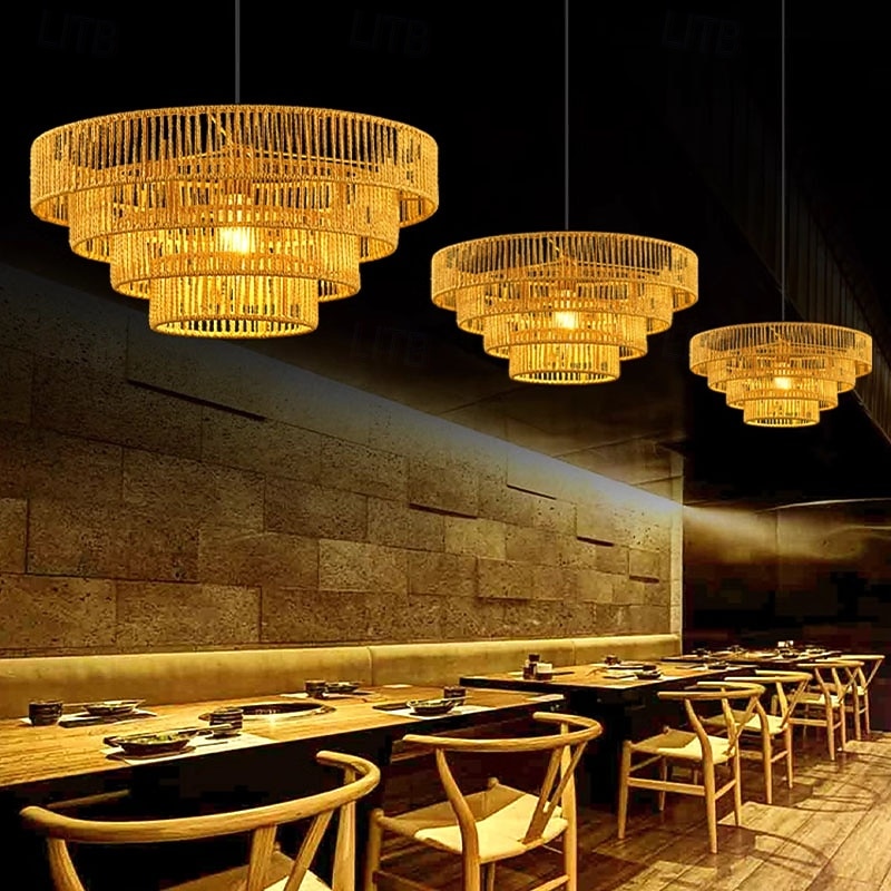 Boho Woven Chandelier Hanging Light Fixture Rattan Brass Pendant Light Wicker Wood Light Fixture Natural Wood 110-240V2