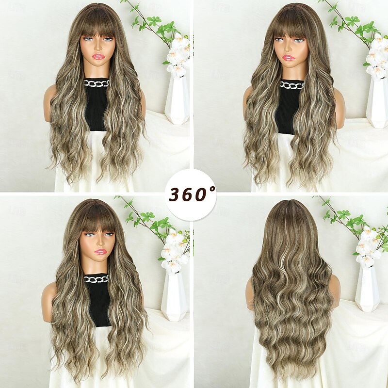 Long Brown Wigs with Bangs for Women Brown and Blonde Wavy Hair Wigs Heat Resistant Synthetic Fiber Wigs for Daily Party Use4