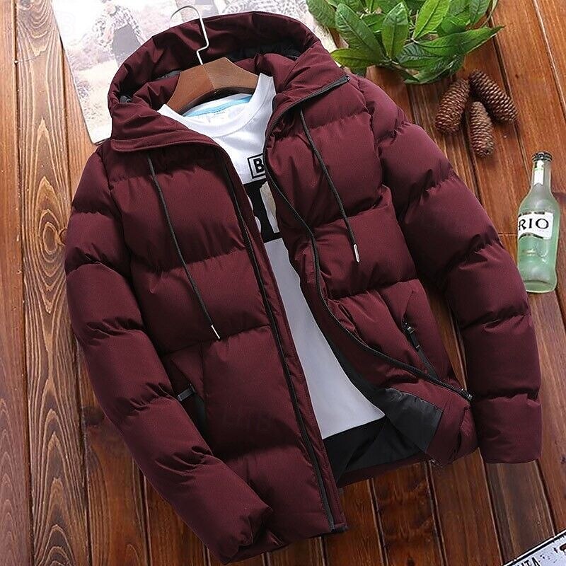 Men's Winter Coat Puffer Jacket Padded Jacket Pocket Cotton Vacation Daily Wear Date Regular Fashion Casual Comfortable Thermal Warm Winter Solid / Plain Color Dark Grey Wine Black Navy Blue Puffer4