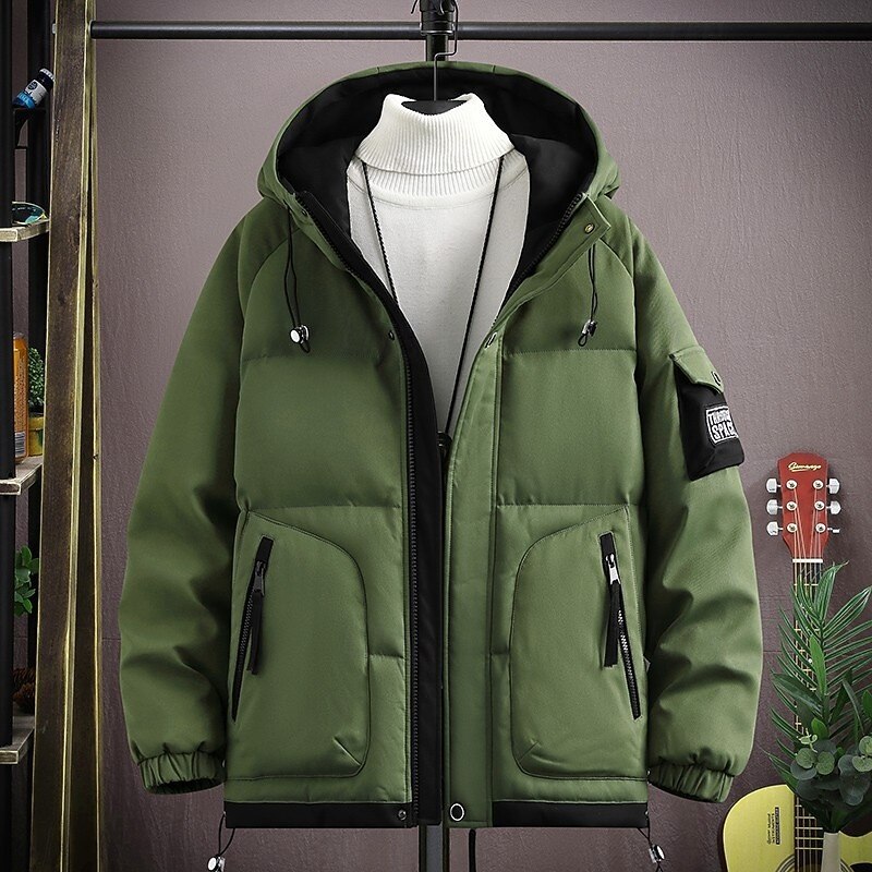 Men's Outdoor Jacket Winter Coat Puffer Jacket Parka Sports & Outdoor Warm Fall & Winter Solid / Plain Color Hooded Short Black White Khaki Army Green Jacket4