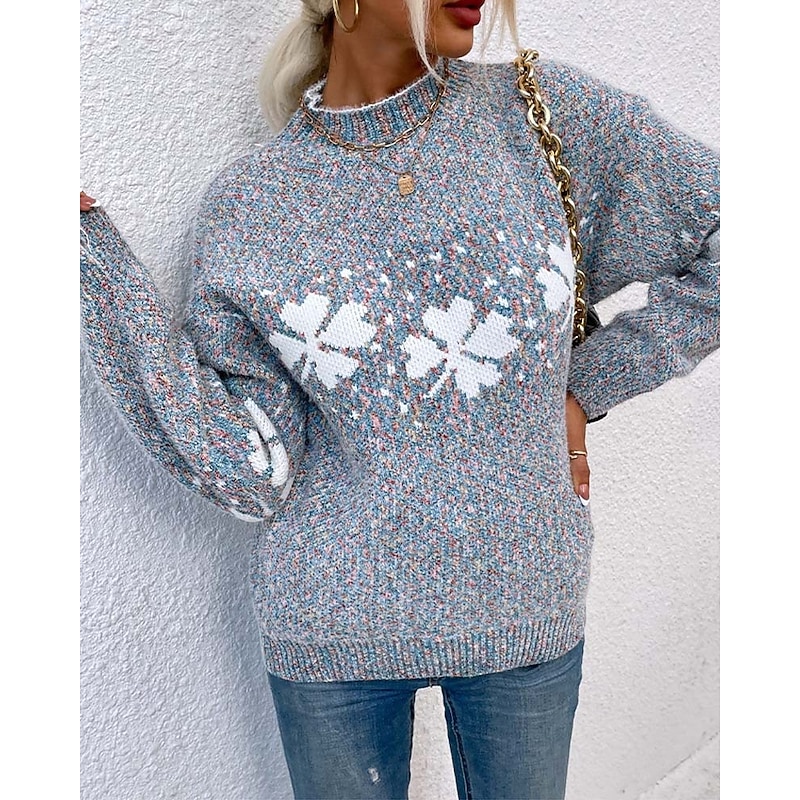 Women's Sweater Knitted Snowflake Pullover Heathered Blue Winter Warm Long Sleeve Oversized Cozy Round Neck Casual Holiday Ski Loungewear Multi-size Clothing Apparel