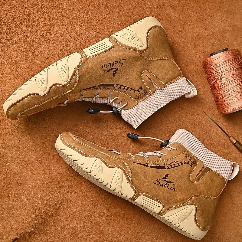 Men's Tan Faux Leather Casual Ankle Boots with Hand-Stitched Detailing, Knit Sock Upper, and Adjustable Toggle Laces – Comfortable and Rugged Design for Outdoor and Everyday Wear3