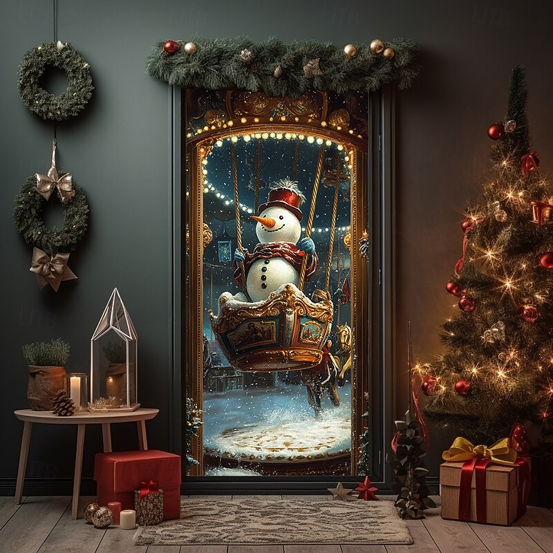 Christmas Door Decorations Door Covers Xmas Snowman Sleigh Door Tapestry Door Curtain Decoration Backdrop Indoor/Outdoor Door Banner for Front Door Farmhouse Holiday Party Decor Supplies4