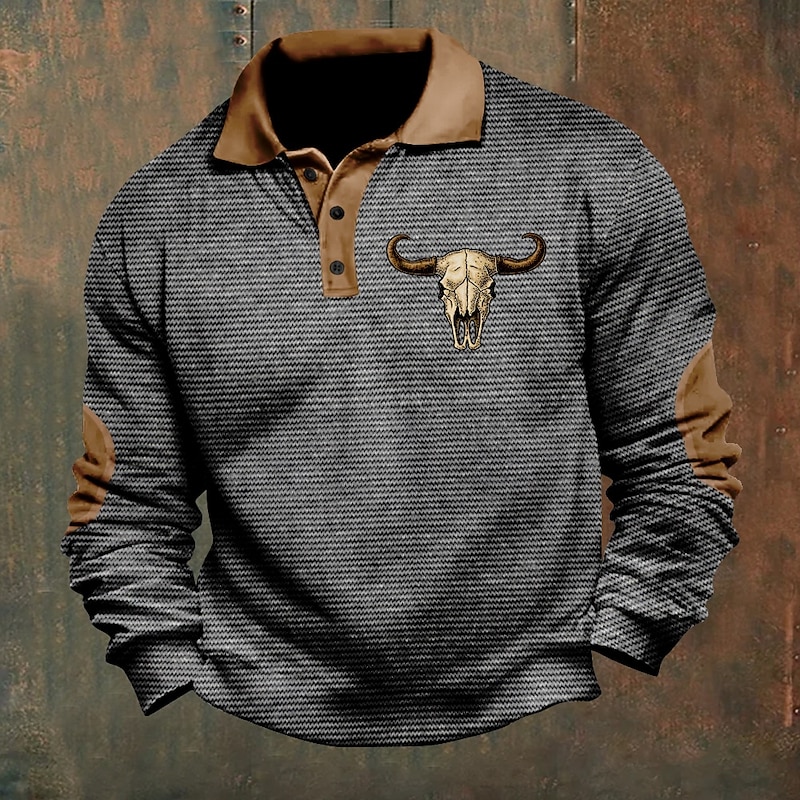 Men's Cowboy Skulls Polo Shirts Pullover Long Sleeve Polo Shirts Collar Vintage Casual Outdoor Streetwear 3D Print Buttons Fall & Winter Black