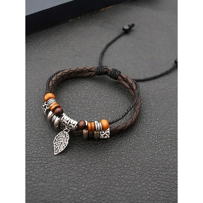 Men's Vintage Faux Leather Charm Bracelets with Wooden Beads and Silver Leaf Pendants - Bohemian Handmade Wristbands for Casual Wear