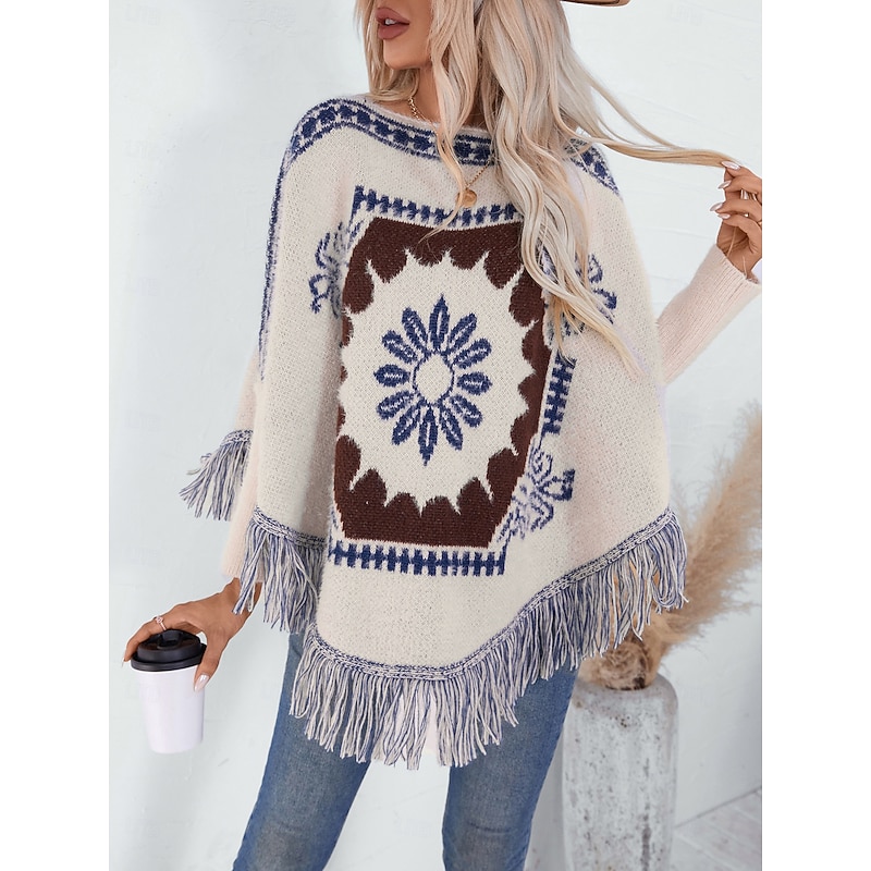 Women's Cape Daily Casual Graphic Geometric Print Boat Neck Knitted Long Sleeve Regular Tops Knit Home Work Black Beige Fall Winter