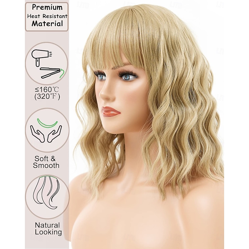Blonde Wig Short Bob Blonde Wig with Bangs Wavy Curly Bob Wigs for White Women Heat Resistant Synthetic Colored Cosplay Wig2