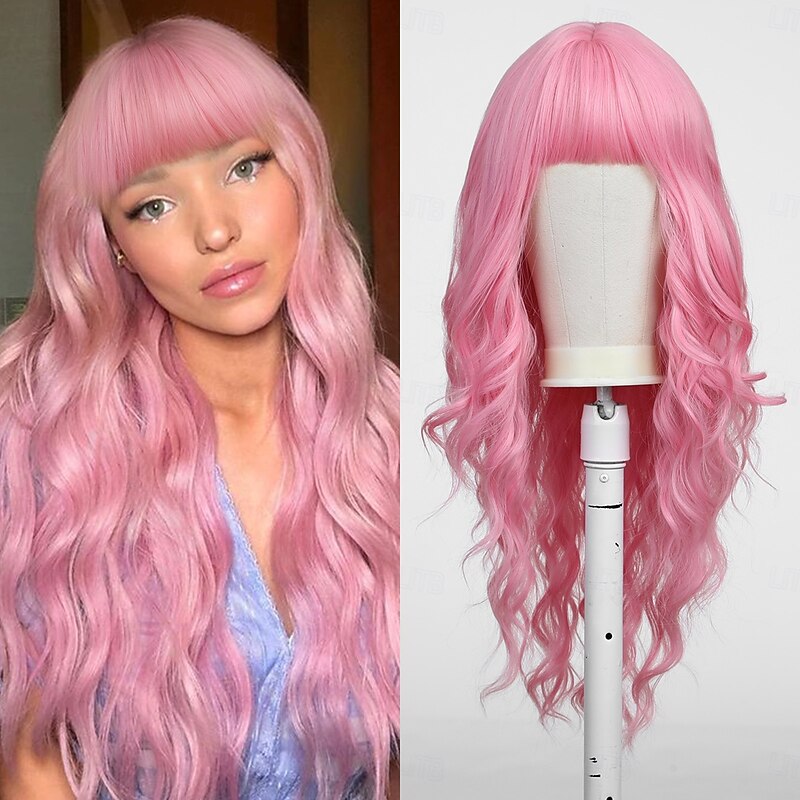 Synthetic Wig Uniforms Career Costumes Princess Curly Wavy Middle Part Layered Haircut Machine Made Wig 24 inch Pink+Red Synthetic Hair Women's Cosplay Party Fashion Pink