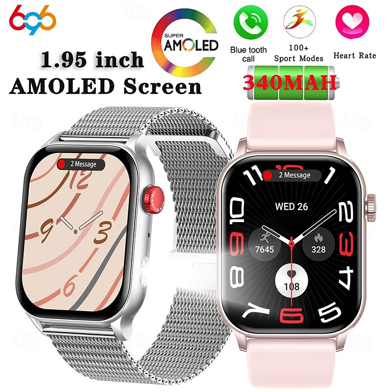 696 KR86 Smart Watch 1.95 inch Smart Band Fitness Bracelet Bluetooth Pedometer Call Reminder Heart Rate Monitor Compatible with Android iOS Women Men Hands-Free Calls Message Reminder IPX-0 37.5mm