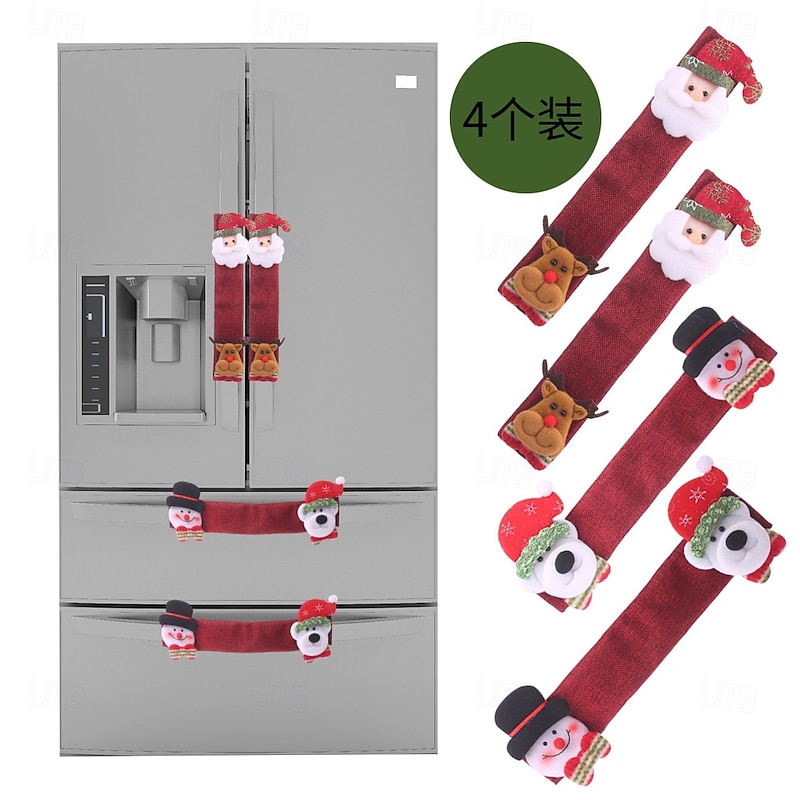 4pcs/set Christmas Microwave Handle Covers, Burlap Refrigerator and Oven Handle Protectors, Festive Xmas Decoration and Safety Sleeves