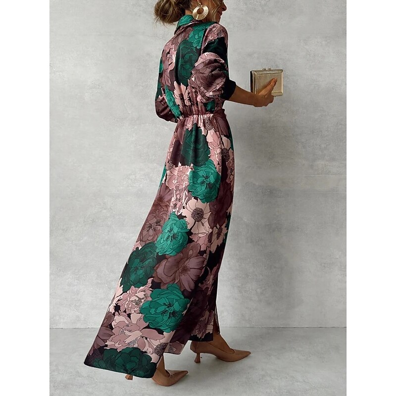 Women's Floral Print Lapel Maxi Dress Long Sleeve Spring Fall3