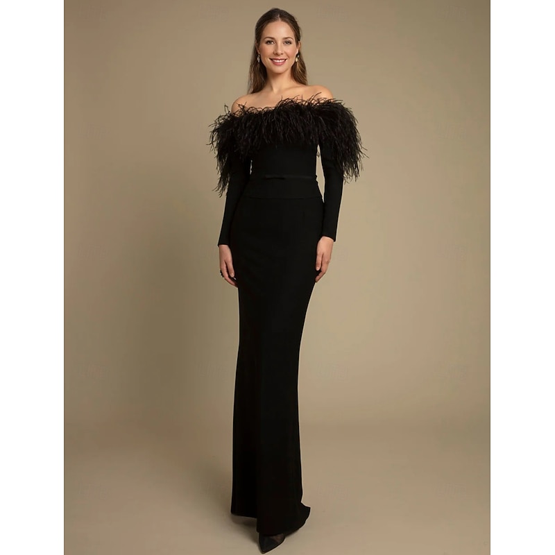 Black Tie Mermaid Evening Gown Feather Elegant Dress Formal Floor Length Long Sleeve Off Shoulder Stretch Crepe Masquerade Dress4