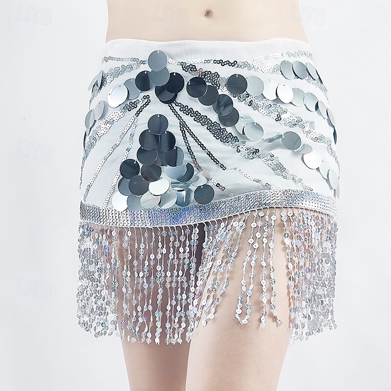 Belly Dance Hip Scarf Tassel Pure Color Splicing Women's Performance Training High Polyester