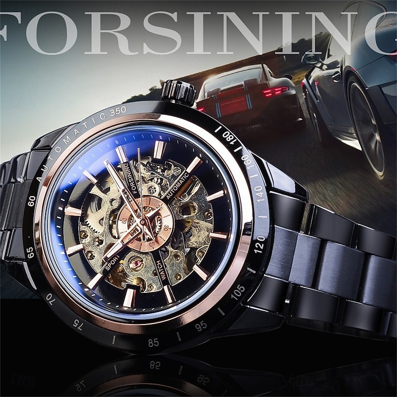 FORSINING Men Mechanical Watch Large Dial Sports Business Wristwatch Hollow Skeleton Automatic Self-winding Luminous Waterproof Stainless Steel Strap Watch2