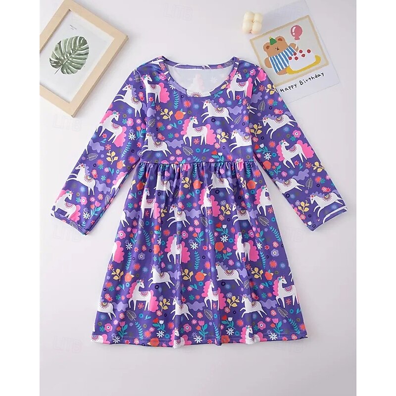 Girls' 3D Graphic Unicorn Dress Long Sleeve Summer Spring Vacation Daily Holiday Beautiful Sweet Kids 4-12 Years Casual Dress A Line Dress Knee-length Regular Fit