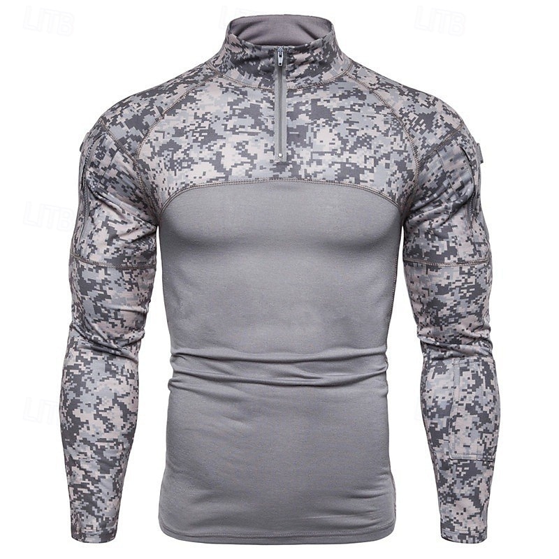 Men's Outdoor Shirt Hiking Shirt Tactical Military Shirt Long Sleeve Quarter Zip Top Outdoor Breathable Soft Polyester Patchwork Black Army Green Grey Gym Climbing Camping / Hiking / Caving2