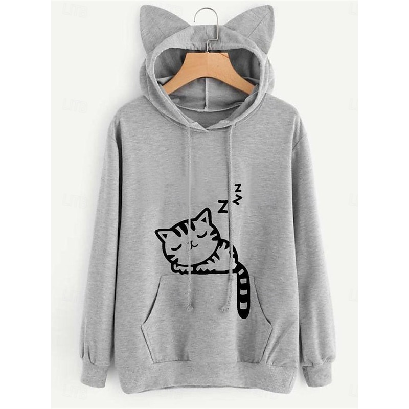 Women's Hoodie Sweatshirt Casual Cat Street Dailywear Hoodie Pocket Print Long Sleeve Black Pink Wine Gray Fall Winter