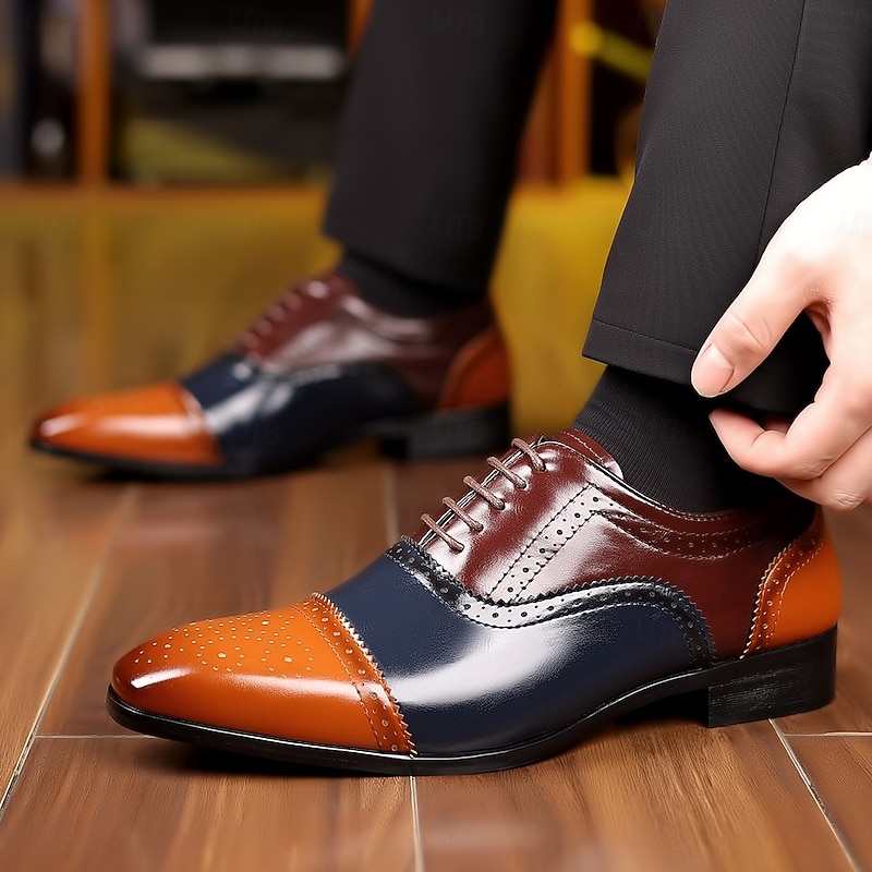Men's Two-Tone Faux Leather Oxford Shoes - Classic Lace-Up Brogue Dress Shoes with Wingtip Design for Formal and Business Wear4