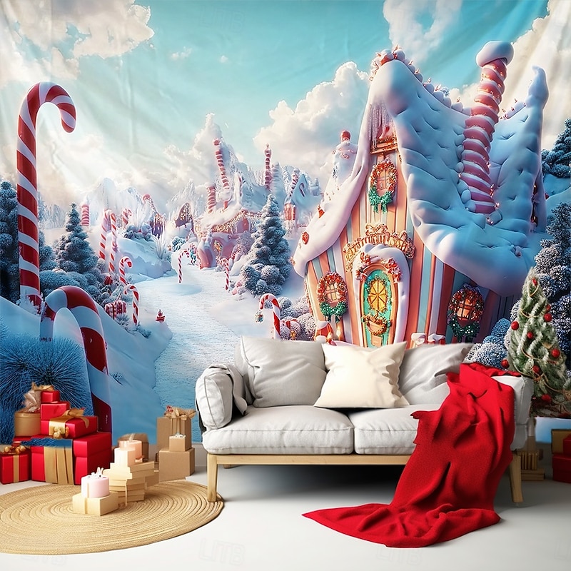 Christmas Decorations Hanging Tapestry Wall Art Xmas Candy Cane Large Tapestry Mural Decor Photograph Backdrop Blanket Curtain Home Bedroom Living Room Candy House2