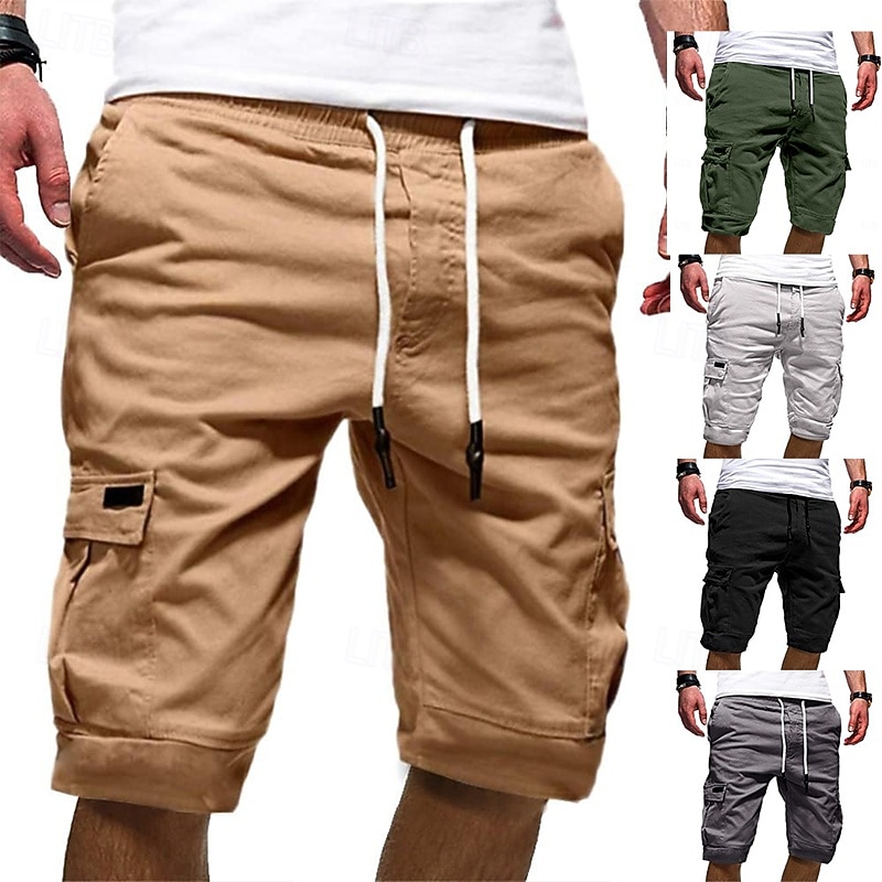 Men's Cargo Shorts Hiking Shorts Drawstring Multi Pocket Elastic Drawstring Design Plain Knee Length Daily Wear Weekend Streetwear Basic Casual Black White Micro-elastic