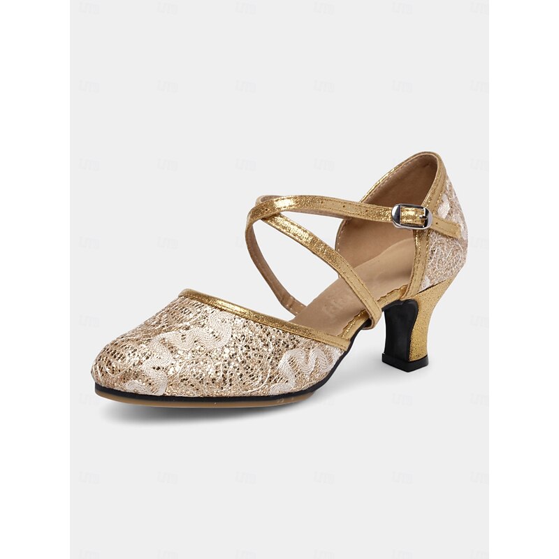 Women's Gold Lace Dance Shoes with Cross-Strap Design – Low Heel Ballroom and Latin Dance Pumps2