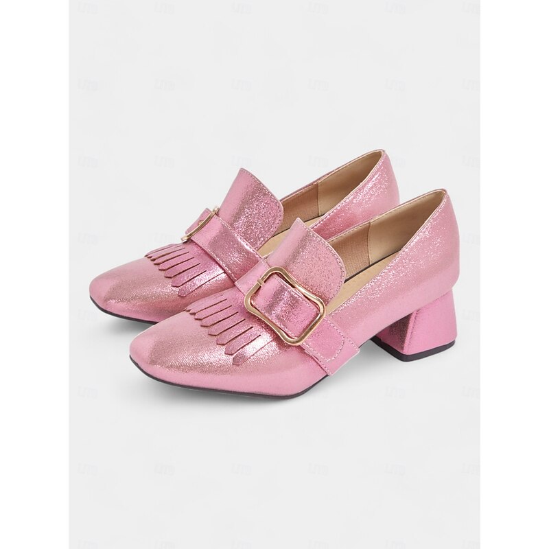 Women's Pink Metallic Block Heel Loafers with Fringe and Gold Buckle - Retro Vintage-Style Shoes for Parties and Special Occasions2