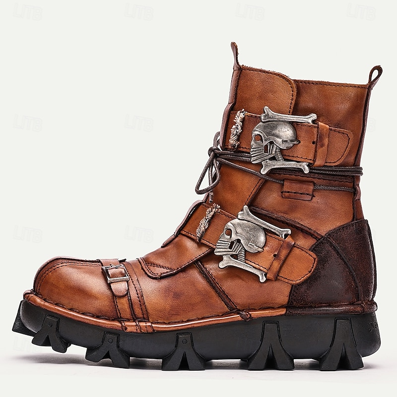 Men's Gothic Steampunk Skull Buckle Combat Boots with Rugged Sole - Vintage Brown Leather Lace-Up Ankle Boots for Bikers and Cosplay4