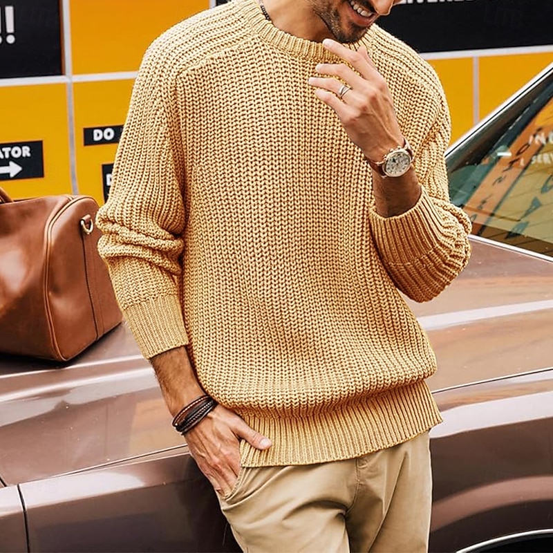 Men's Sweater Pullover Sweater Jumper Ribbed Knit Regular Tops Knitted Slim Fit Plain Round Neck Modern Contemporary Work Daily Wear Clothing Apparel Winter Black Khaki S M L4