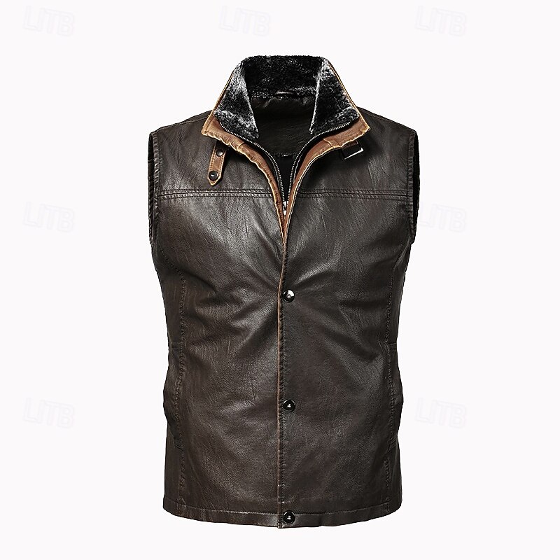 Men's Vest Gilet Wedding Event / Party Daily Fashion Business Fall & Winter Pocket Fleece PU Leather Thermal Warm Plain Zipper Stand Collar Regular Fit Coffee Vest2