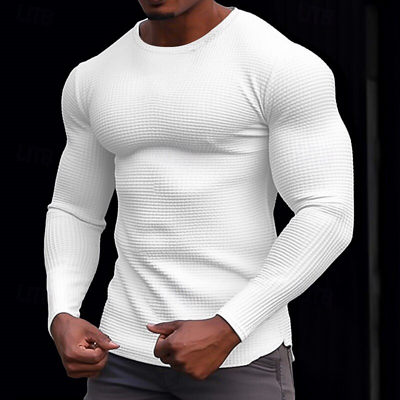 Men's Waffle Shirt T Shirt Tee Top Long Sleeve Shirt Long Sleeve Crew Neck Spring &  Fall Plain Fashion Designer Basic Knitted Vacation Street Going out Dark Brown Dark Grey Black Top Tee for Men