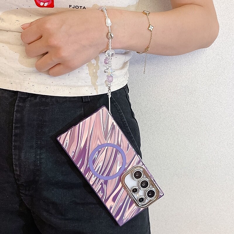 Phone Case For S25 S24 Ultra Plus S24 FE S23 A55 5G A35 5G A25 A15 A54 Wallet Case Magnetic Support Wireless Charging with Wrist Strap Retro Plating4