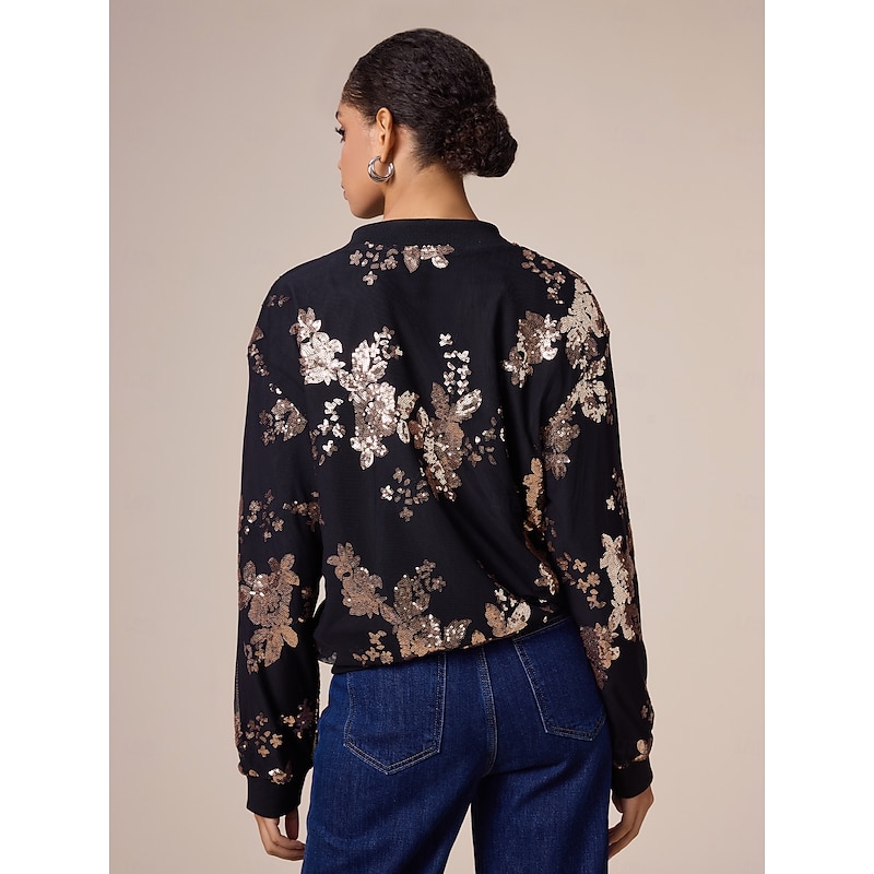 Women's Bomber Jacket Sequin Crew Neck Casual Party Evening Fall Winter3