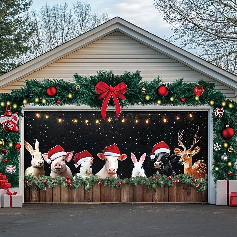 Christmas Door Decorations Outdoor Garage Door Cover Xmas Banner Farmhouse Animals Large Christmas Backdrop for Holiday Outdoor Garage Door Home Wall Decorations