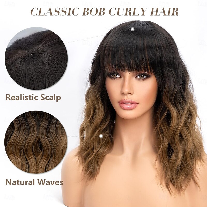 Short Wavy Wig with Bangs for Women Shoulder Length Bob Curly Women's Charming Synthetic Wigs with Natural Wavy Heat Resistant Hair for Daily Party Use2
