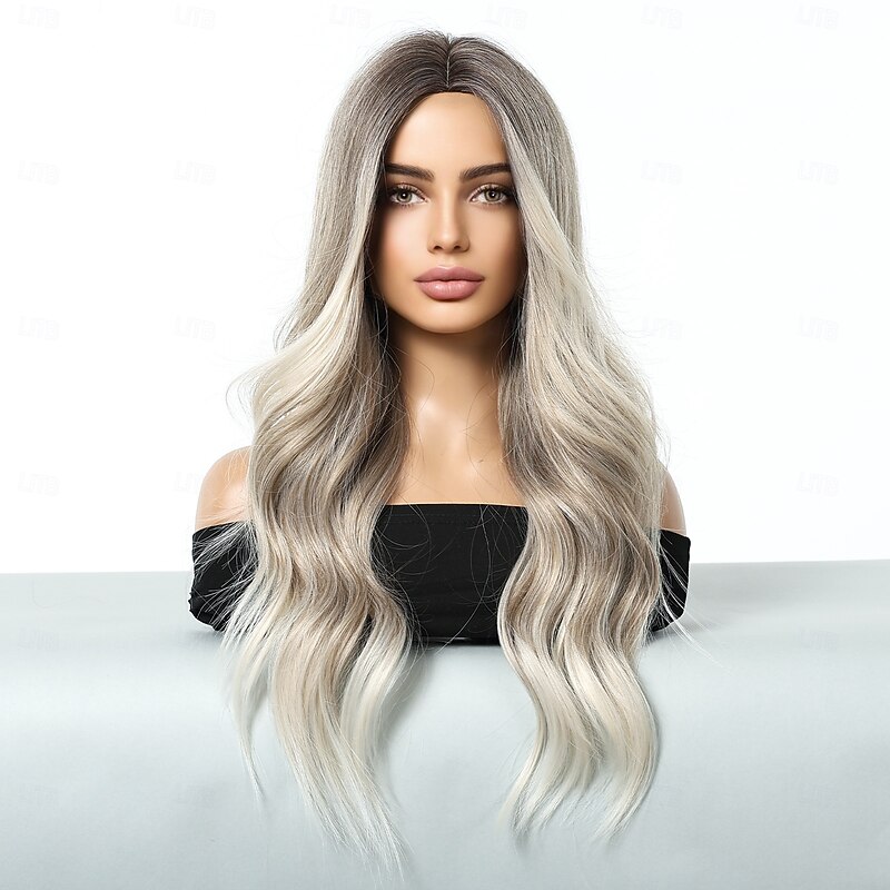 Synthetic Wig Uniforms Career Costumes Princess Curly Wavy Middle Part Layered Haircut Machine Made Wig 26 inch Black / Gold Synthetic Hair Women's Cosplay Party Fashion Black / Blonde3