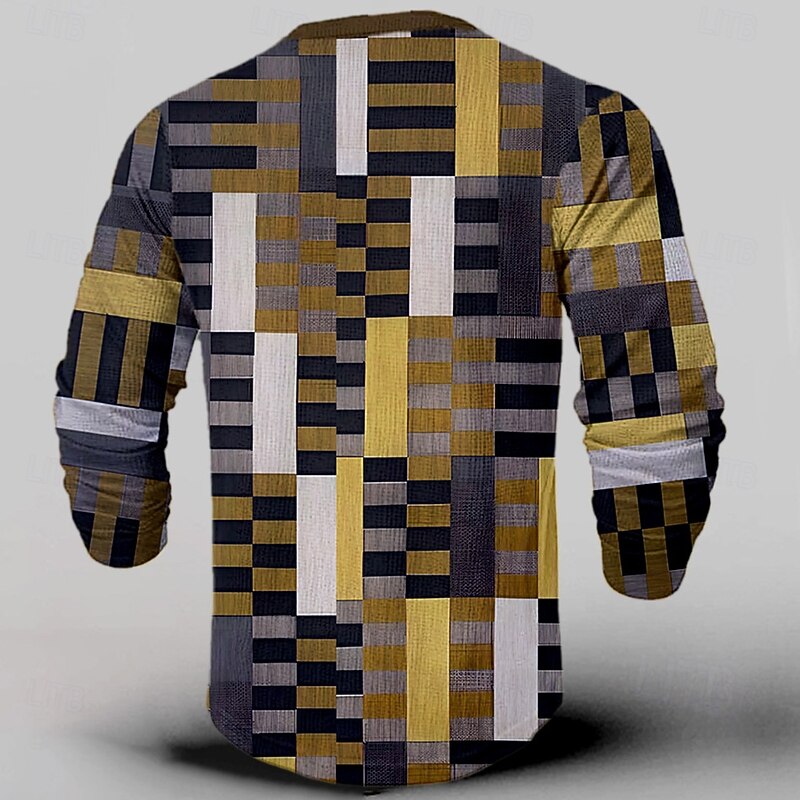 Men's New Year Faux Patchwork Pattern Henley Shirt Long Sleeve 3D Printing Casual Party Street Casual Winter Spring &  Fall Brown Henley Henley T-Shirt2