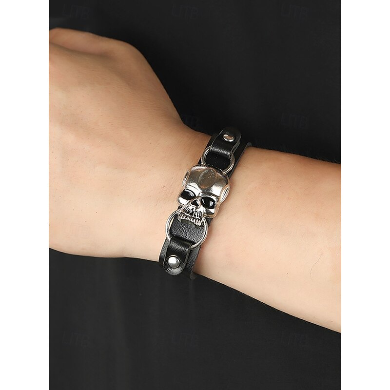 Men's Black Leather Bracelet with Silver Skull Charm – Gothic Punk Adjustable Wristband for Halloween and Biker Style2
