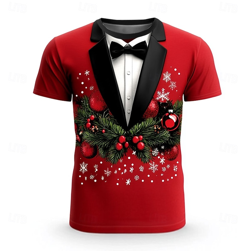 Christmas Men's Christmas Costume 3D T-shirts Tree Snowflake Fashion Casual 3D Print Tee Party Street Black / Red Black White Short Sleeve Crew Neck Summer Spring Clothing Apparel S M L XL XXL XXXL