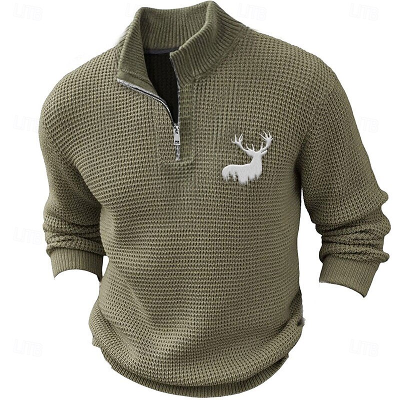Christmas Men's Reindeer Deer Pullover Sweater Jumper Zip Sweater Polo Sweater Zip Collar Retro Vintage Casual Party Evening Wear Daily New Years Eve Sweater Embroidered Knitting Warm Long Sleeve2
