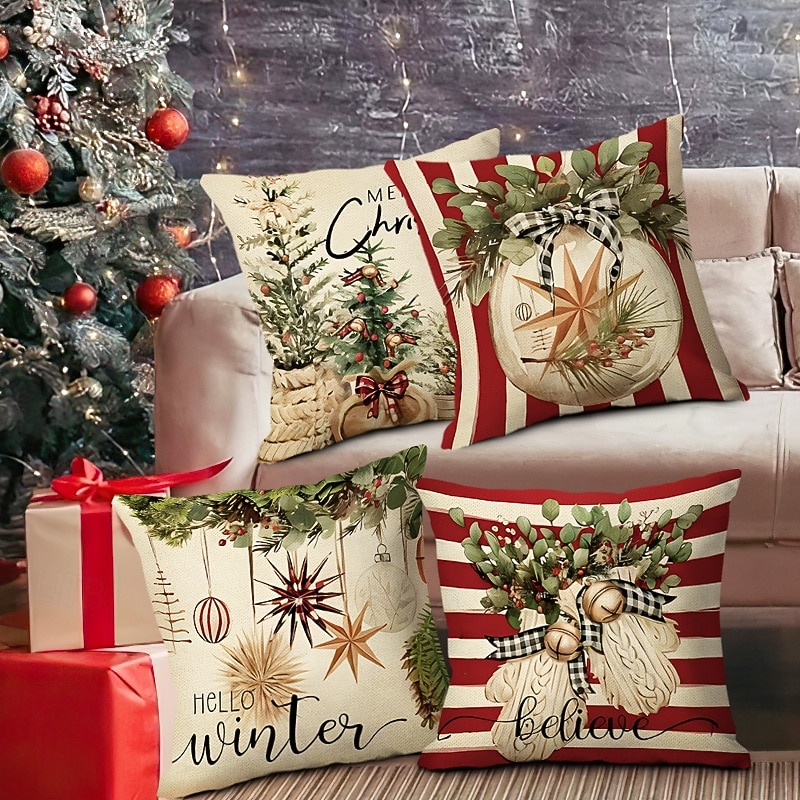 Christmas Decorations Vintage Decorative Toss Pillows Cover 4PC Ornaments Soft Square Cushion Case Pillowcase for Bedroom Livingroom Sofa Couch Chair2