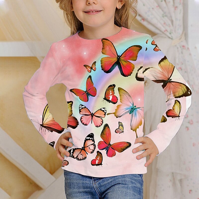 Girls' 3D Graphic Butterfly T shirt Tee Long Sleeve Spring Fall Fashion Basic Kids 4-12 Years Crew Neck Outdoor Casual Daily Regular Fit4