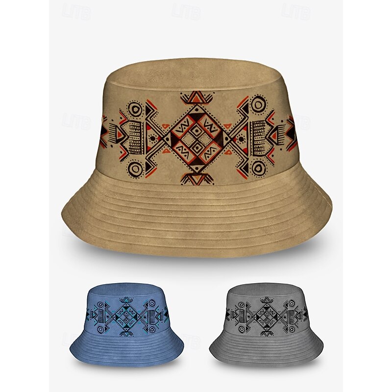 Men's Beige Bucket Hat with Ethnic Geometric Print - Stylish Summer Hat for Outdoor Adventures and Festivals