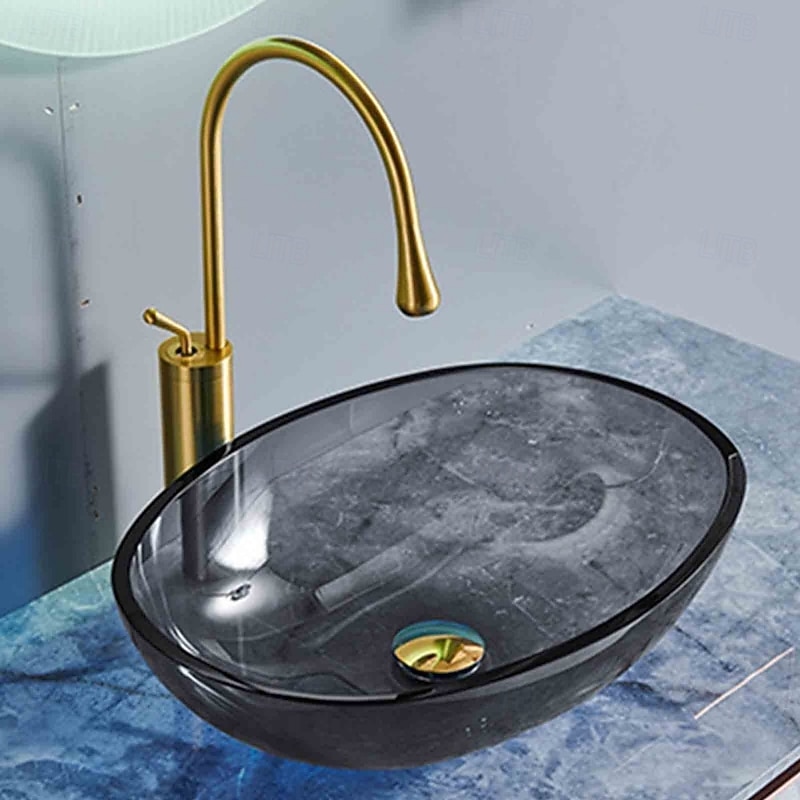 Bathroom Vessel Sink Tempered Glass Wash Basin Bowl Above Counter Art Vessel Sink with Water Drop Faucets and Pop-Up Drain