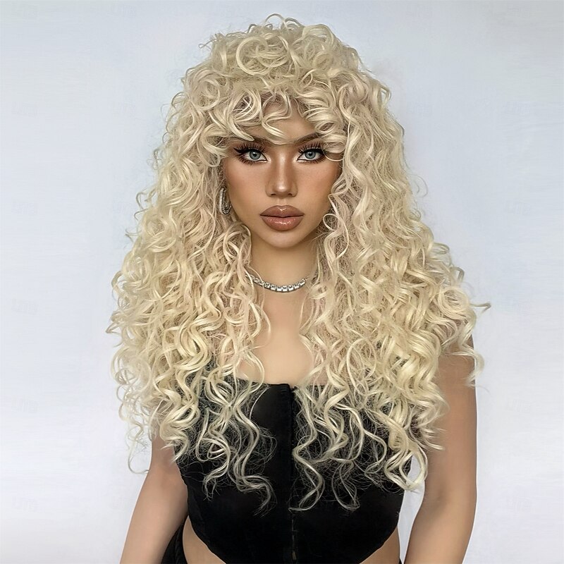 Synthetic Wig Uniforms Career Costumes Princess Curly Deep Curly Middle Part Layered Haircut With Bangs Machine Made Wig 26 inch Light golden Synthetic Hair Women's Cosplay Party Fashion Blonde3
