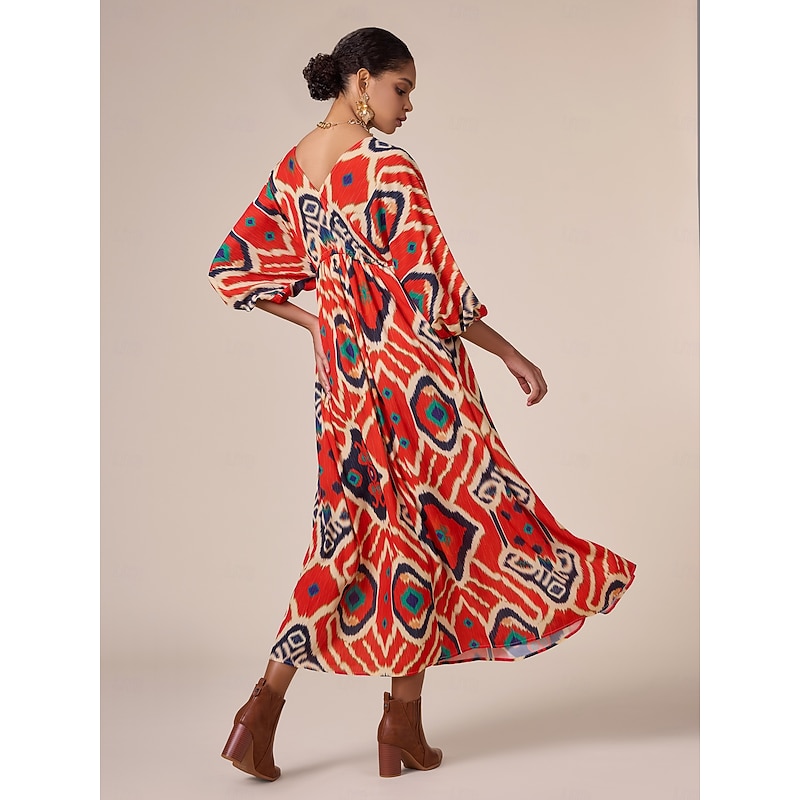 Loose Folk Drawstring Printing Vacation Maxi Dress2
