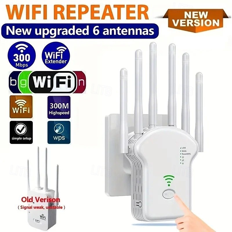 WiFi Extender WiFi Booster 6Times Stronger 300Mbps WiFi 2.485GHz Dual Band Strong WiFi SignalPenetration 35 Devices 4 Modes 1-Tap Settings 6 Antennas 360 FullCoverage  Support Ethernet Port