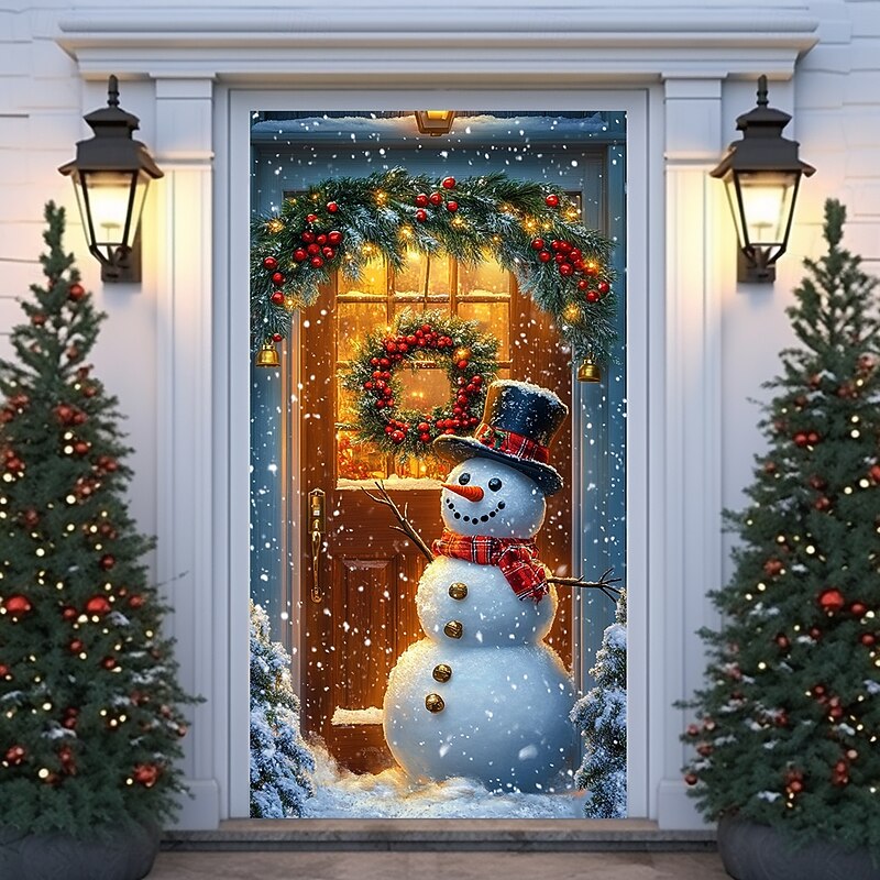 Christmas Door Decorations Door Covers Xmas Whimsical Snowmans Door Tapestry Door Curtain Decoration Backdrop Indoor/Outdoor Door Banner for Front Door Farmhouse Holiday Party Decor Supplies 12