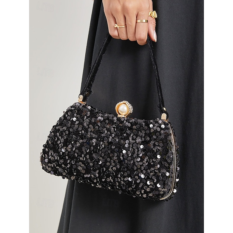 Women's Black Sequin Evening Clutch with Pearl Accent – Glamorous Handbag for Parties, Weddings, and Formal Events2