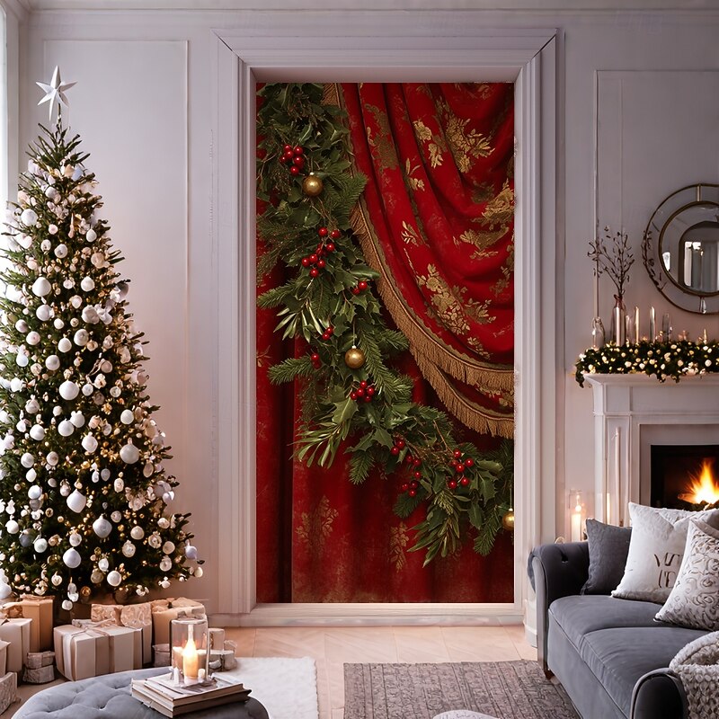 Christmas Door Decorations Door Covers Evergreen Holly Door Tapestry Door Curtain Decoration Backdrop Door Banner for Front Door Farmhouse Christmas Holiday Party Decor Supplies Gift Indoor/Outdoor
